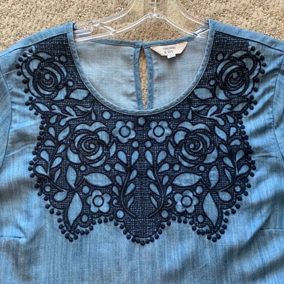 2/$25 Crown & Ivy Chambray Embroidered Top - Size Small - Picture 3 of 7